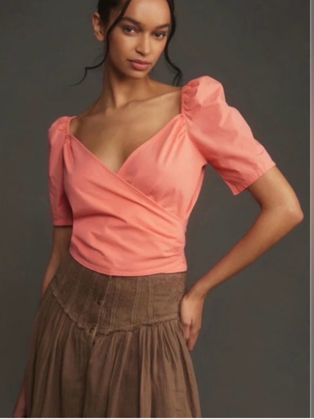 Anthropologie Women’s Puff Sleeve Wrap Top - Coral, size XS